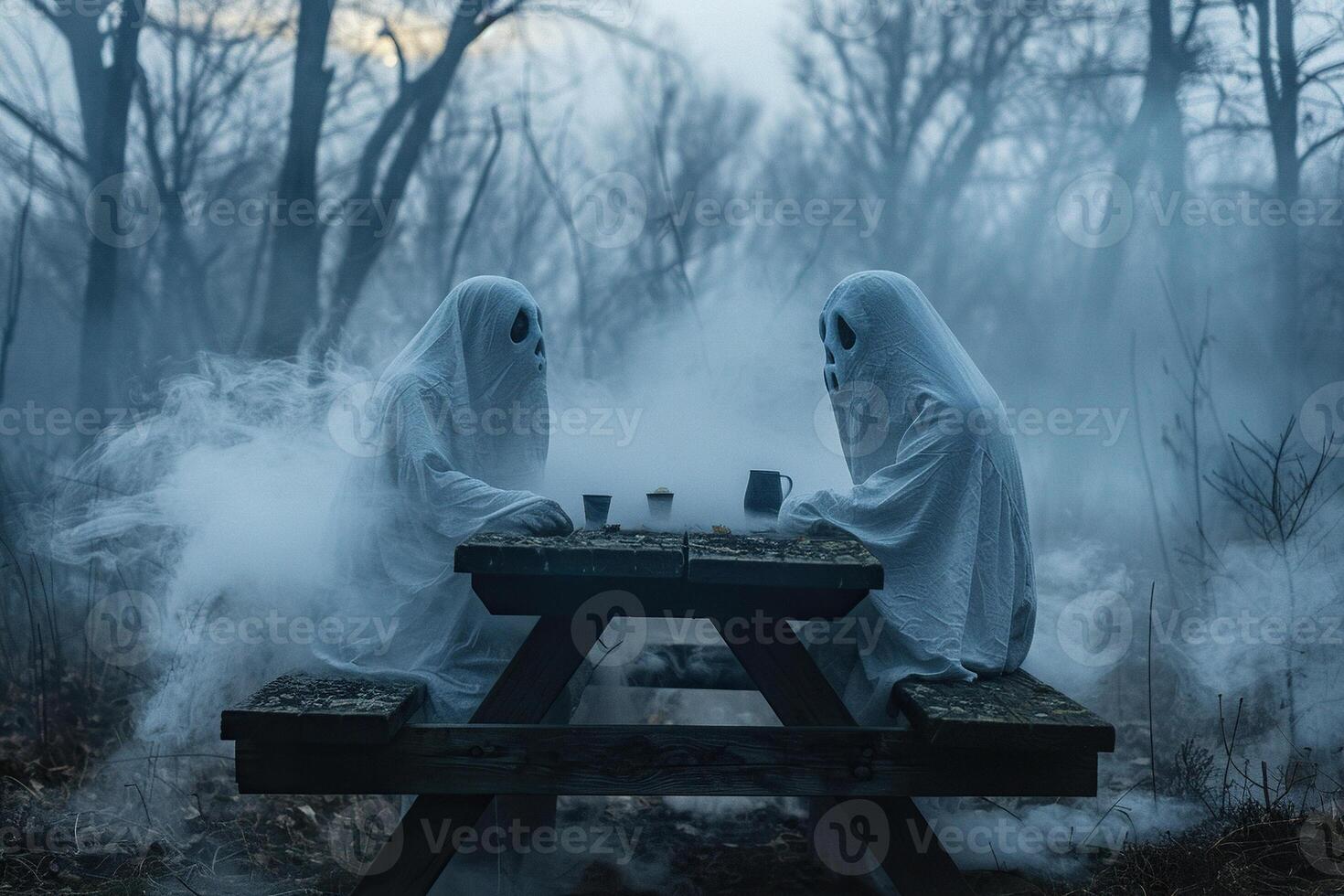 Two ghosts sitting at wooden table in cemetery in mystical fog. Halloween concept photo