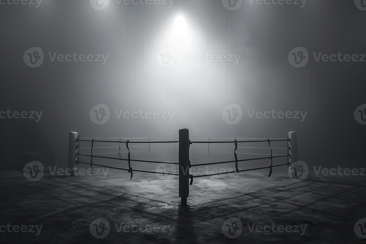 A dimly lit boxing ring surrounded by katanas against a dark background. Generated by artificial intelligence photo