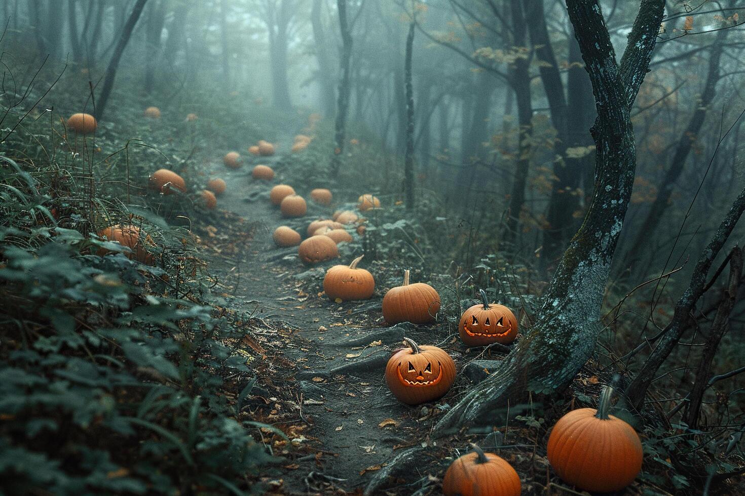 Pumpkins with carved faces lie along a path in a mystical forest. photo