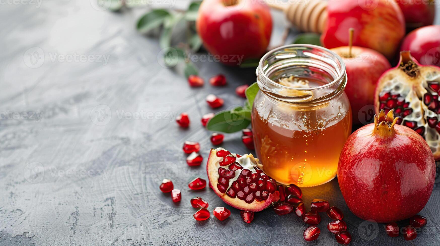 Jewish New Year composition. Pomegranate, red apple and honey on a table. Generated by artificial intelligence photo