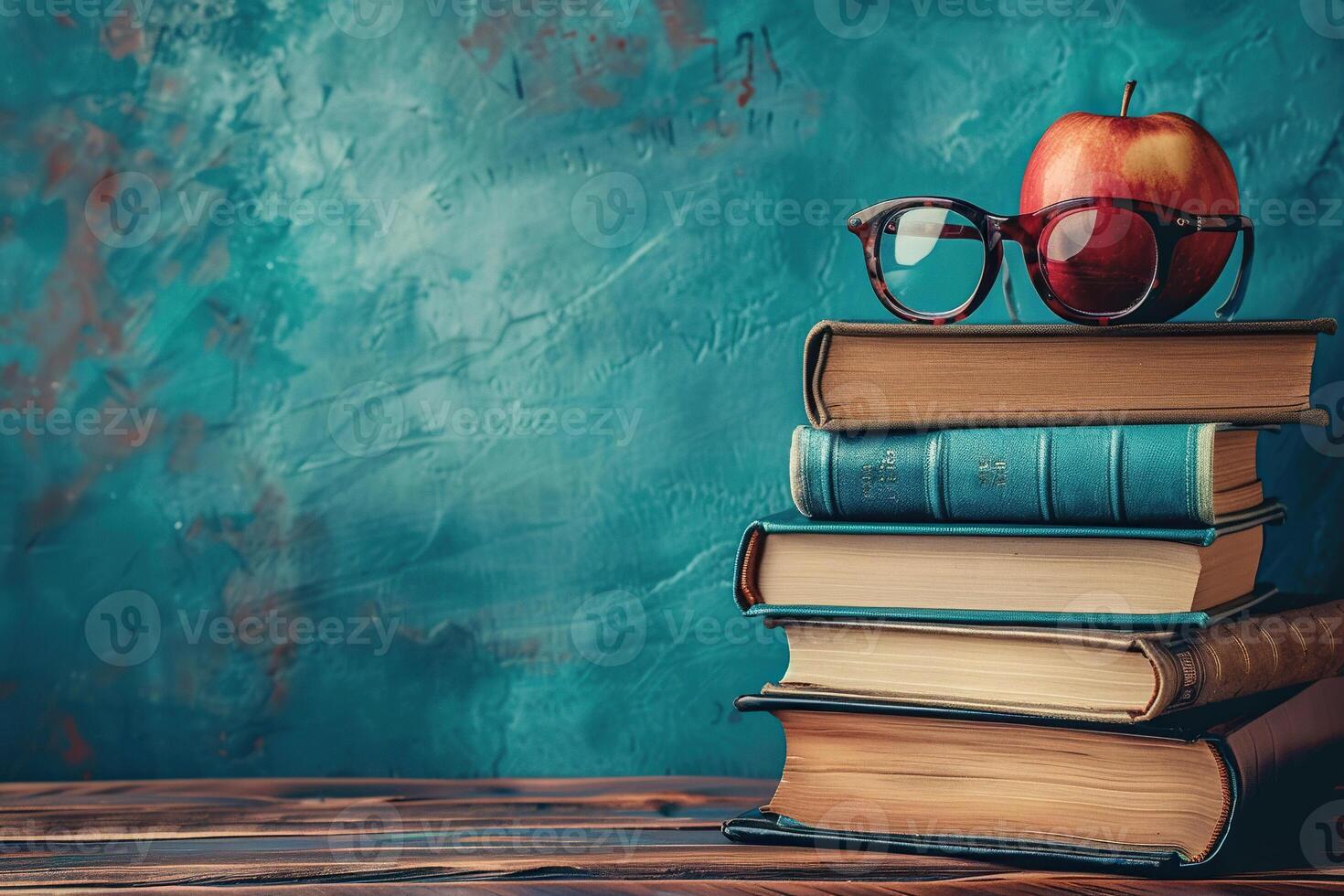 Glasses and apple on a stack of books on a wooden table. Start school concept photo
