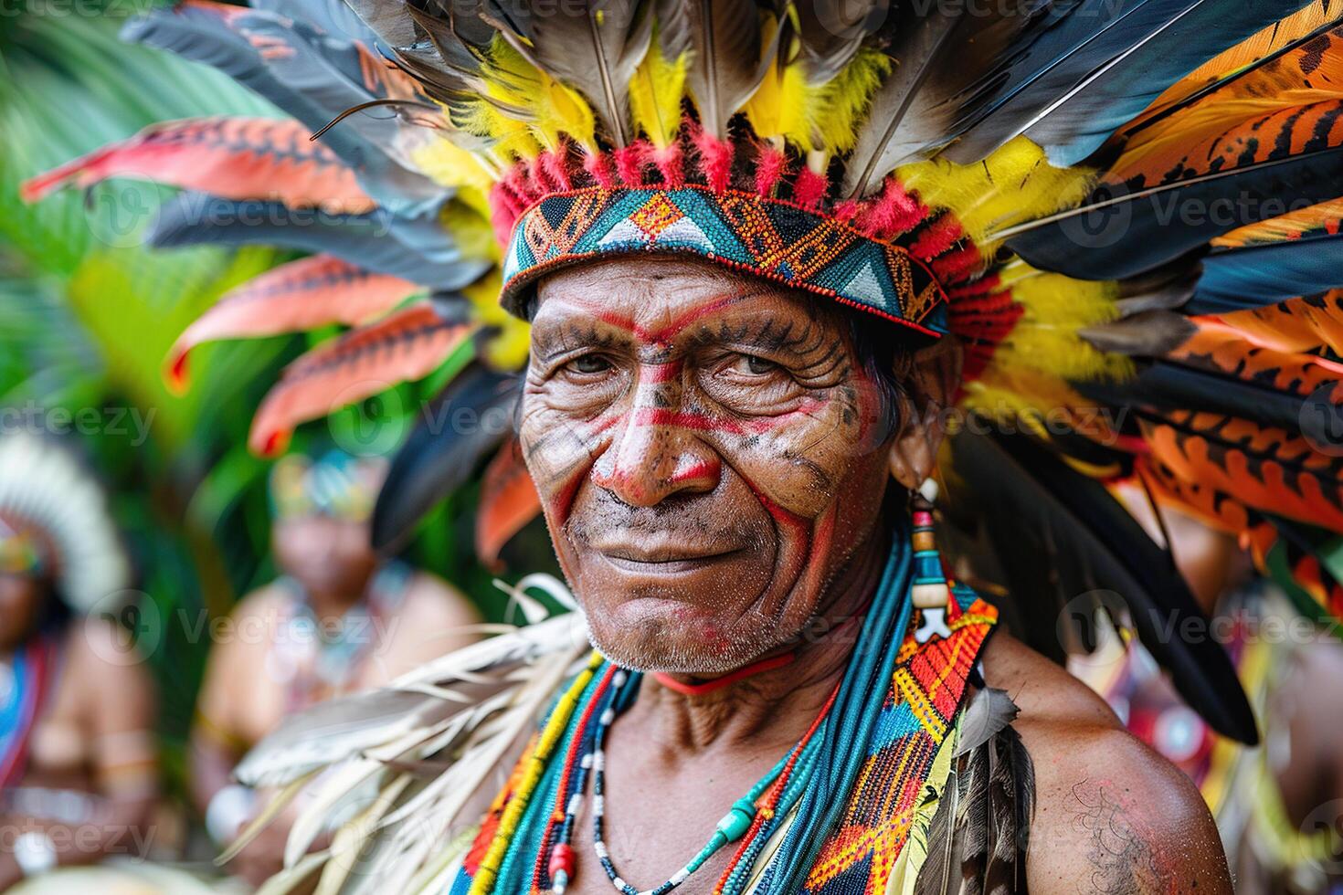 Portrait of an elderly man of an Indian tribe in traditional clothing with feathers. Generated by artificial intelligence photo