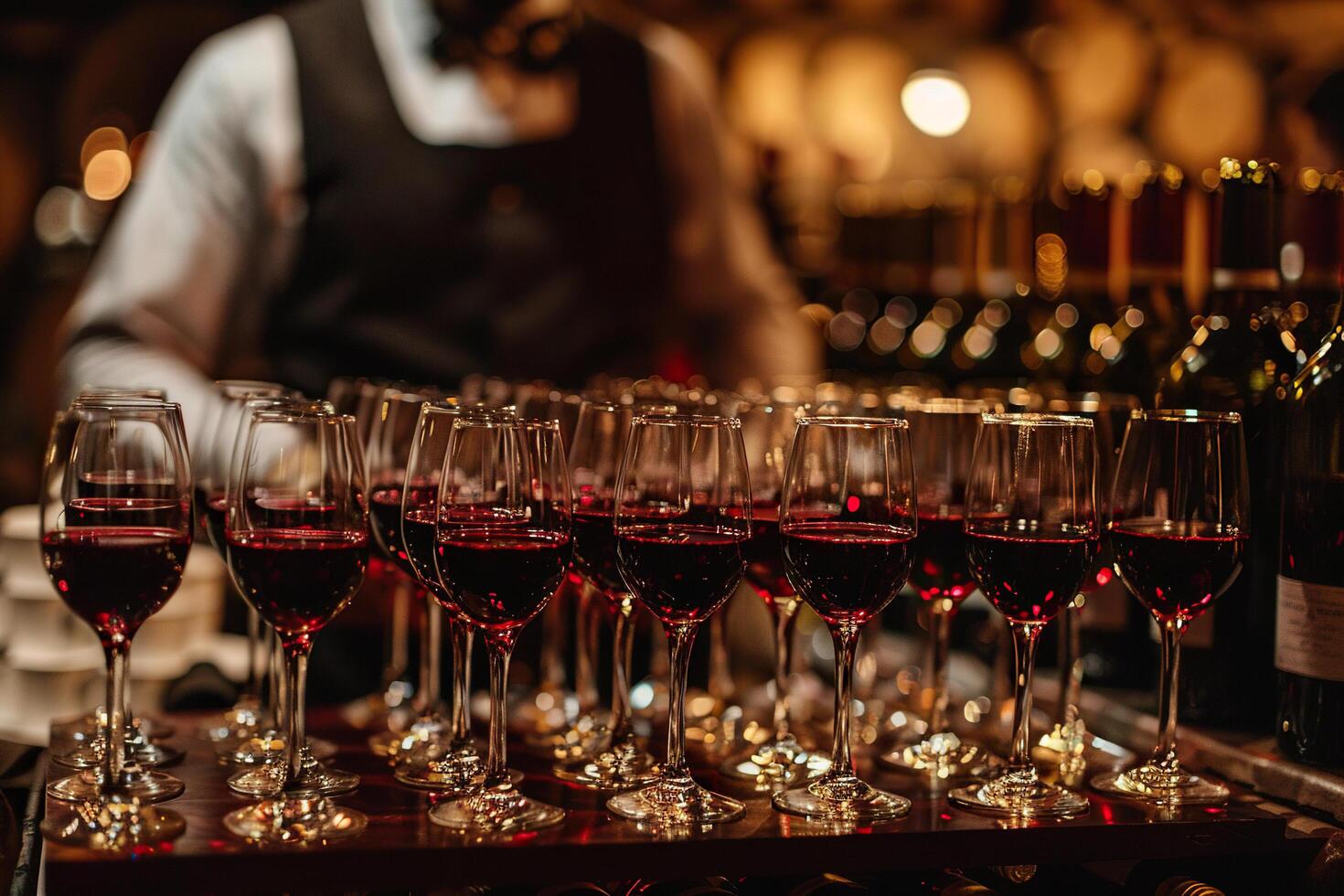 Glasses of different types of wine on the bar counter with a bartender. Generated by artificial intelligence photo
