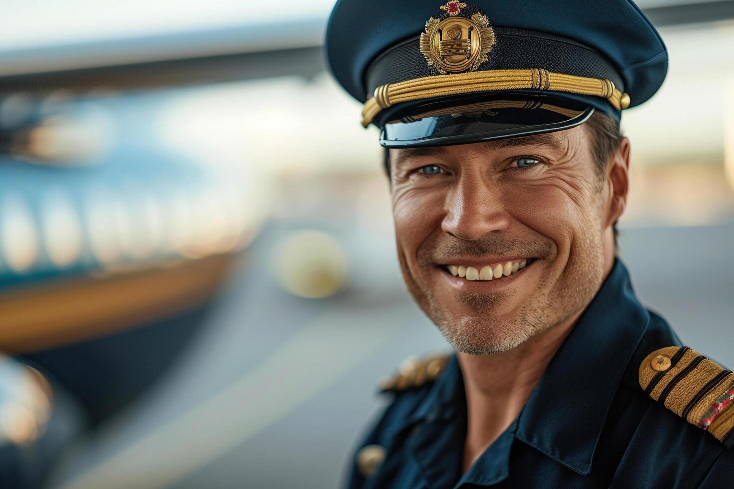 Smiling airplane pilot stands on airfield with airplane in background. photo