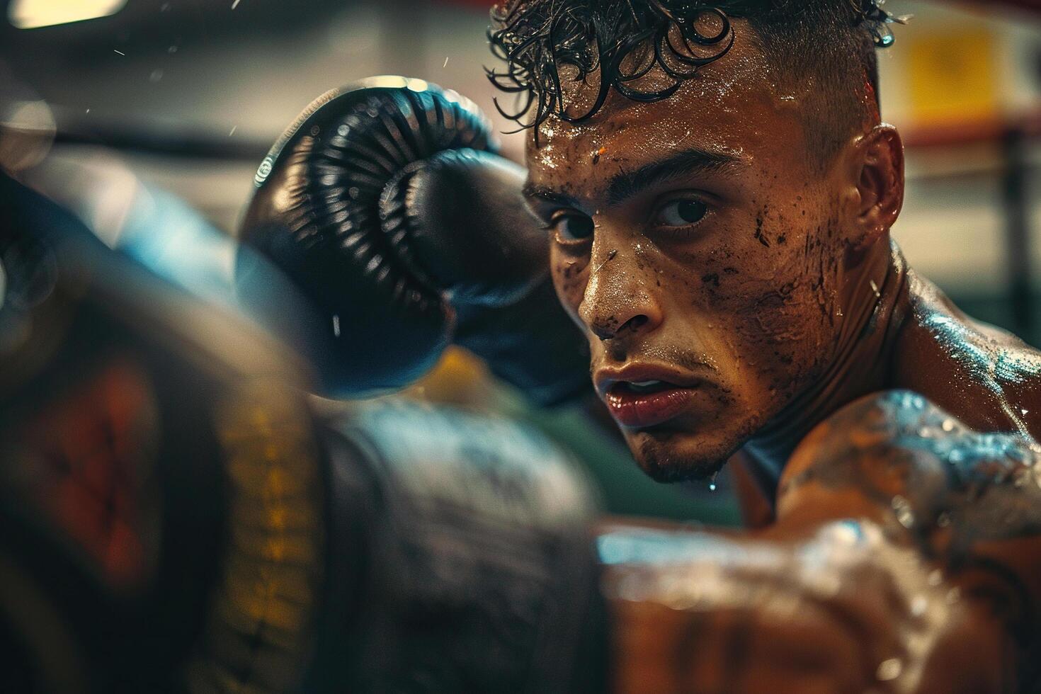 Portrait of a boxer wearing red boxing gloves in a cinematic style. Generated by artificial intelligence photo