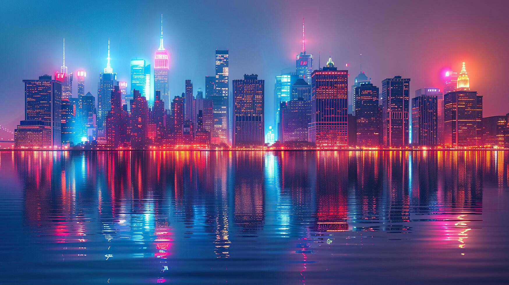 Abstract panorama of a metropolis at night with bright lights, glow and reflection in the water. photo