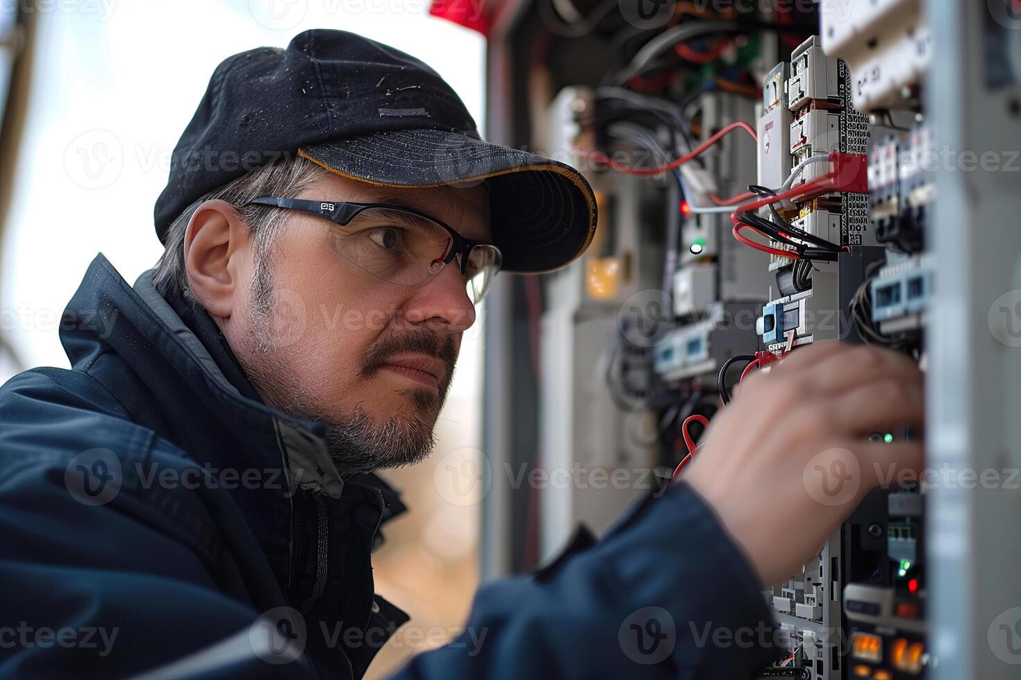 An electrical technician performs electrical installation work to inspect or repair a transformer panel. Electrical distribution box. photo