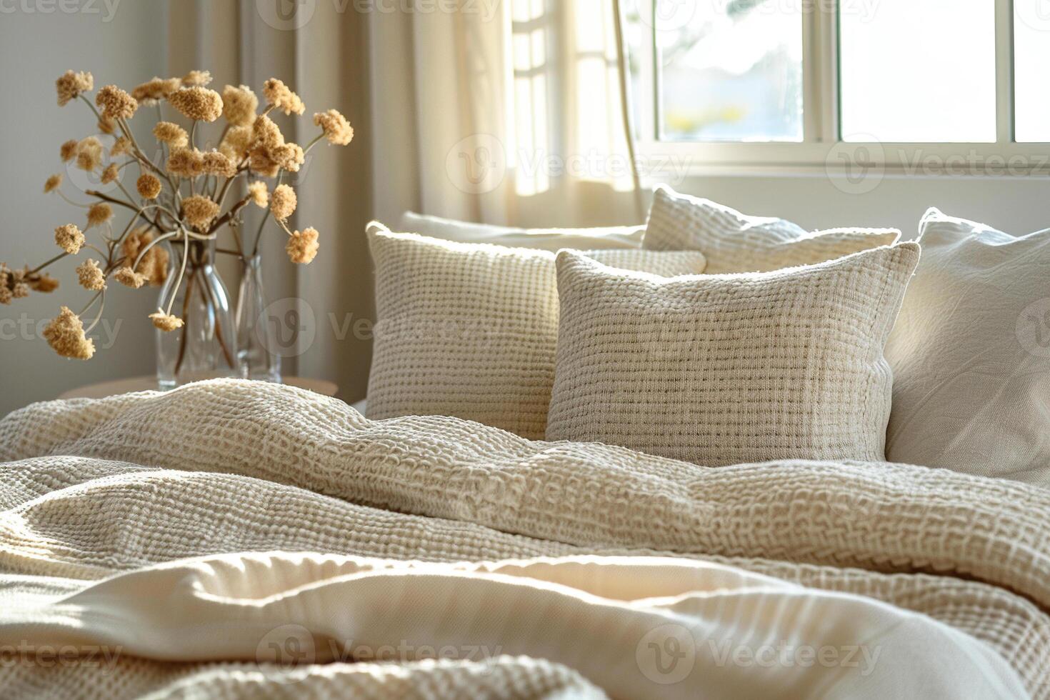 Cozy bed with pillows and light bed linen. Home comfort concept. Generated by artificial intelligence photo