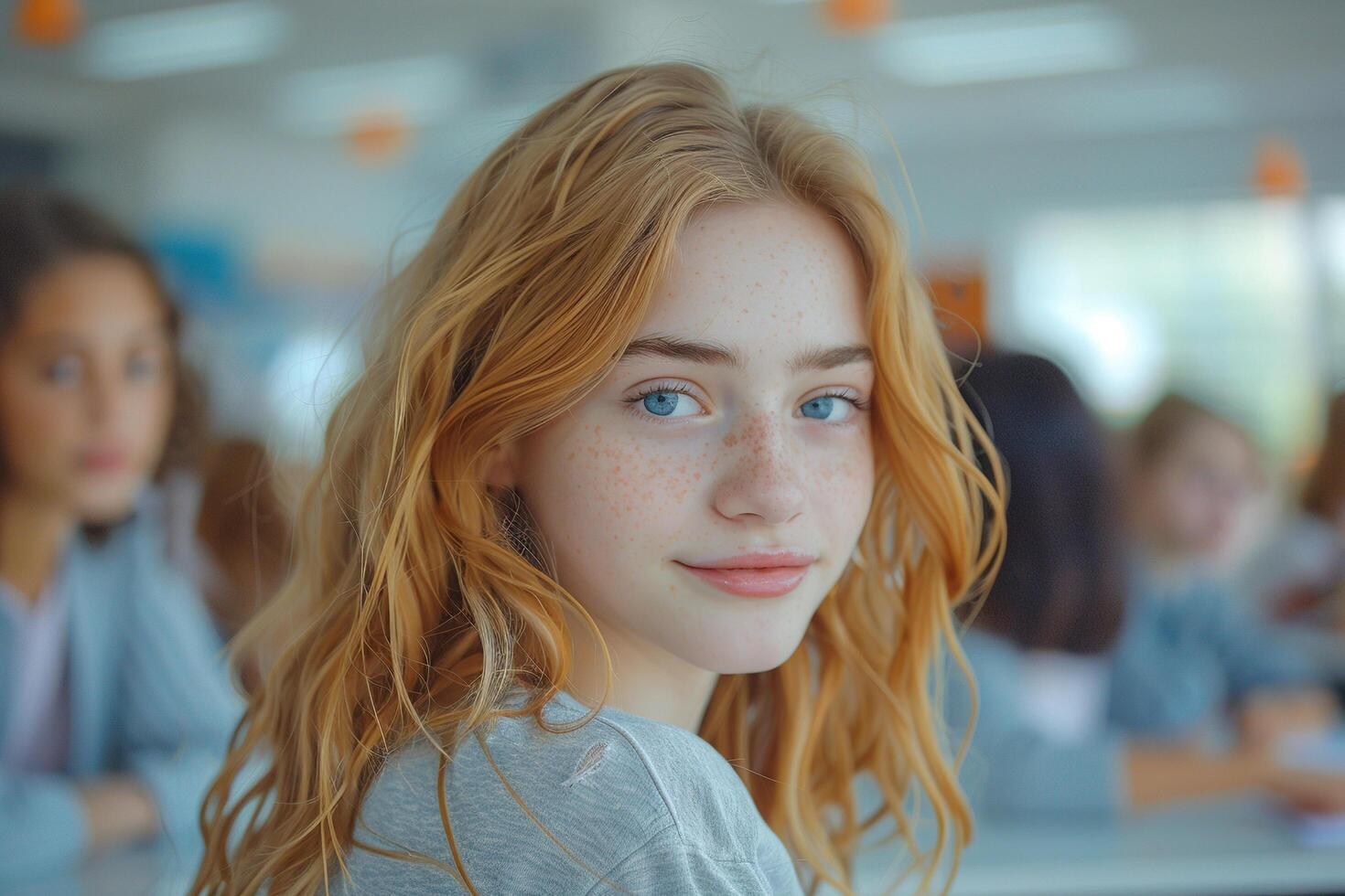 A red-haired girl, a primary school student, sits at a desk. Generated by artificial intelligence photo