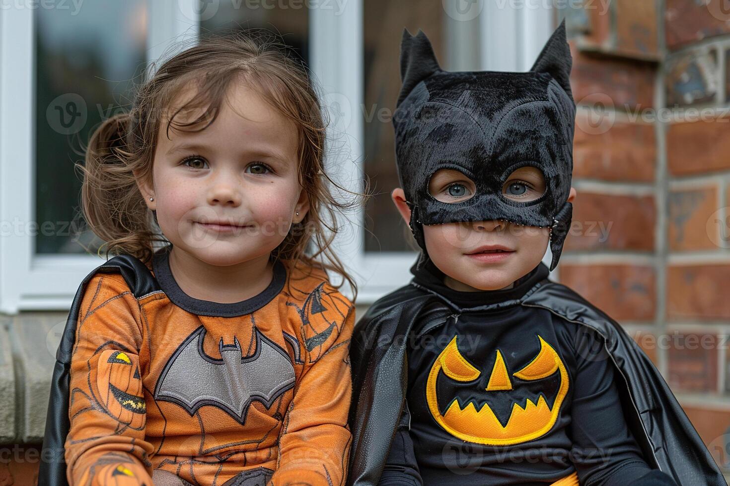 Boy and girl in superhero bat costumes sitting on steps. Generated by artificial intelligence photo