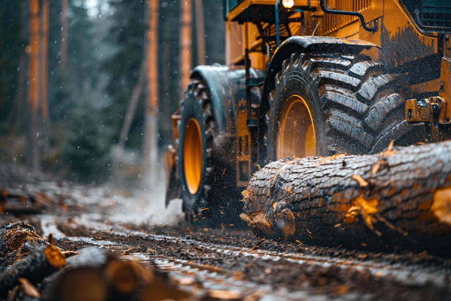 Log trunks pile, the logging timber forest wood industry. Wide banner or panorama of wood trunks timber harvesting in forest. photo