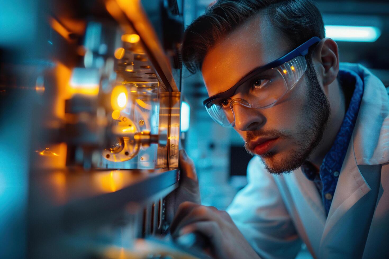An engineer calibrates a device using the latest technology in a modern laboratory. Authentic workflow. photo