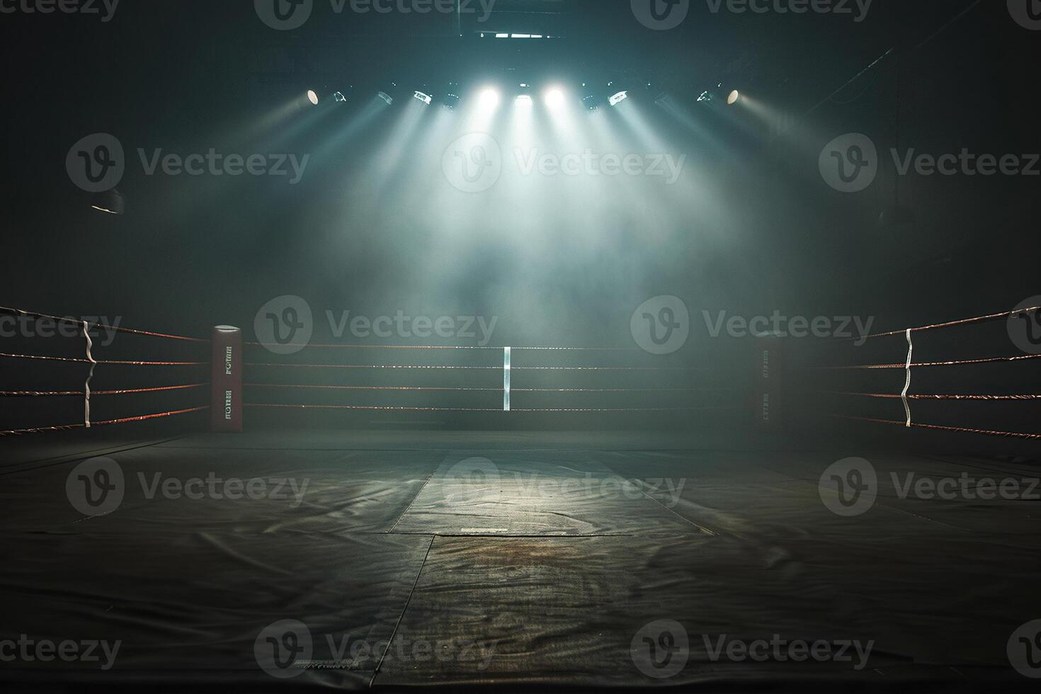 A dimly lit boxing ring surrounded by katanas against a dark background. Generated by artificial intelligence photo