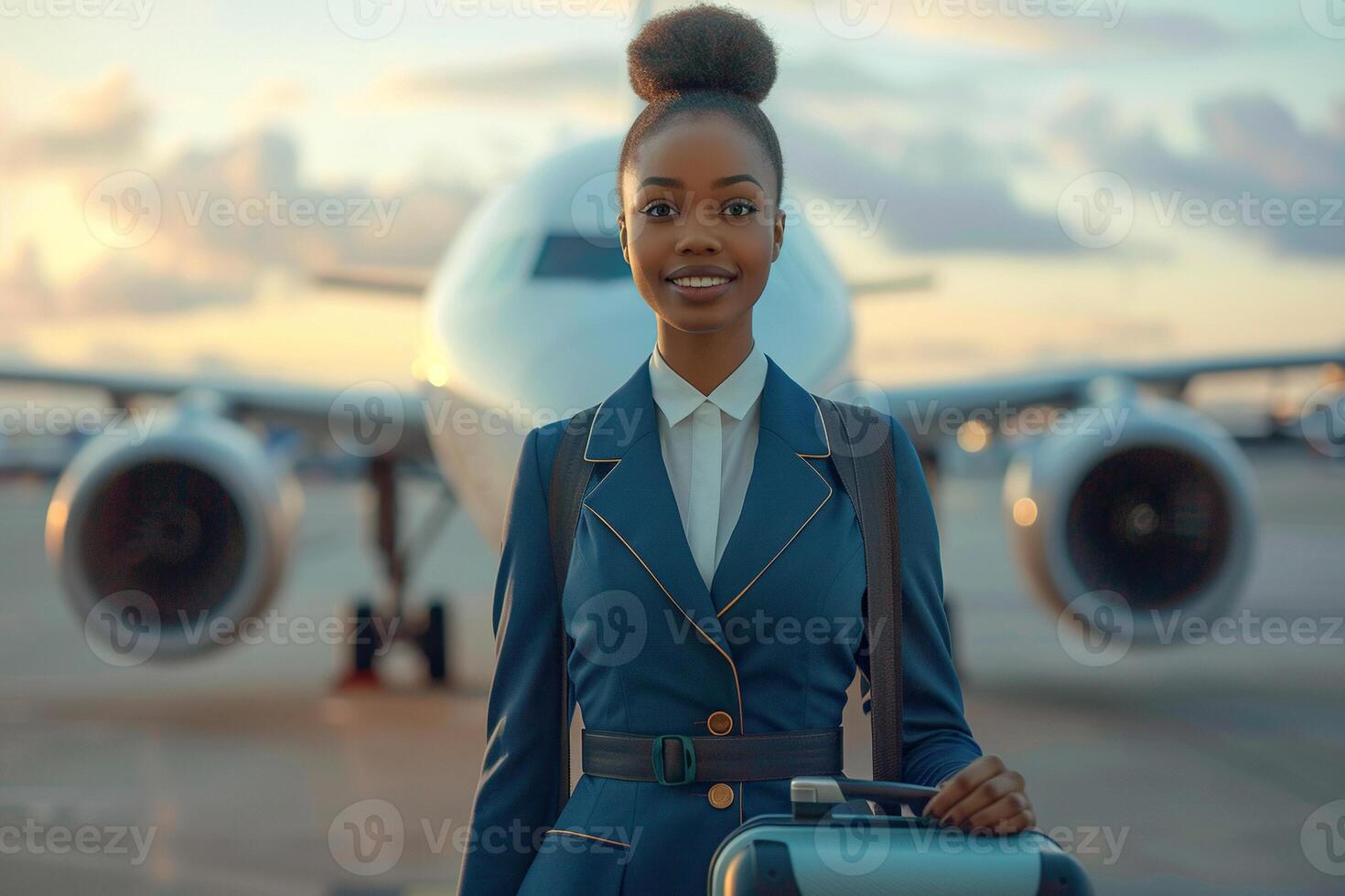 Beautiful African American flight attendant in front of a passenger plane at the airport. Travel, service, transport, airplane concept photo