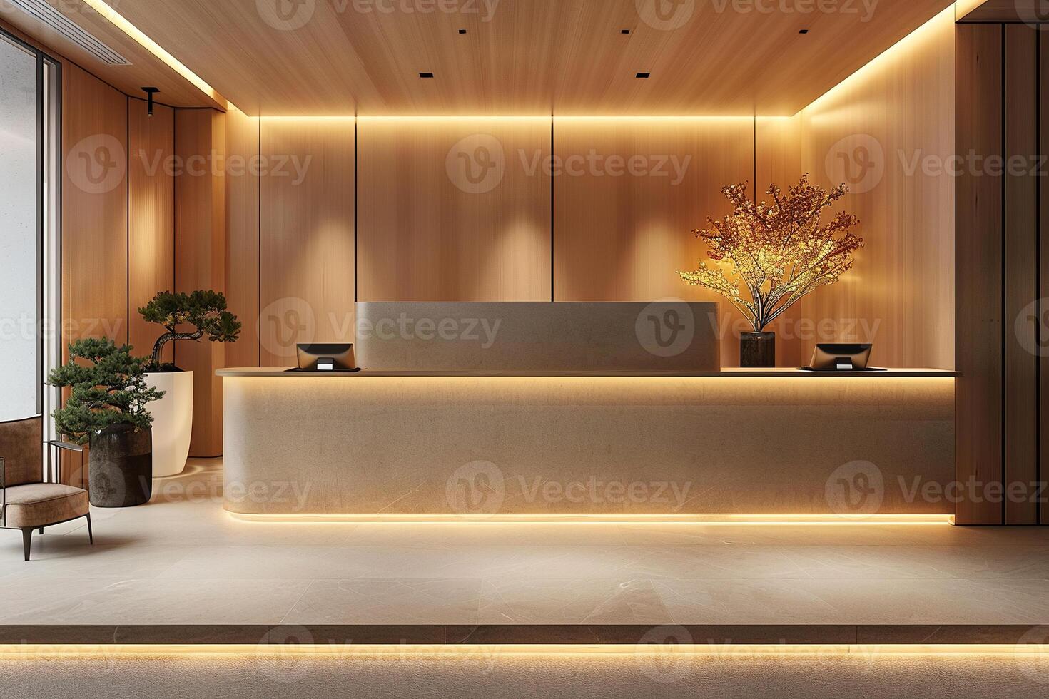 Luxury hotel lobby interior with empty reception desk. Marble and wood texture in the interior. Generated by artificial intelligence photo