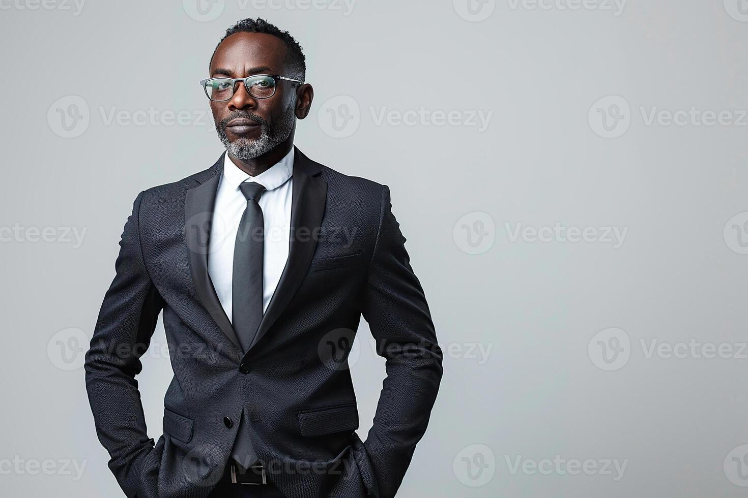 Portrait of smart successful African American man in business suit on white background. Generated by artificial intelligence photo
