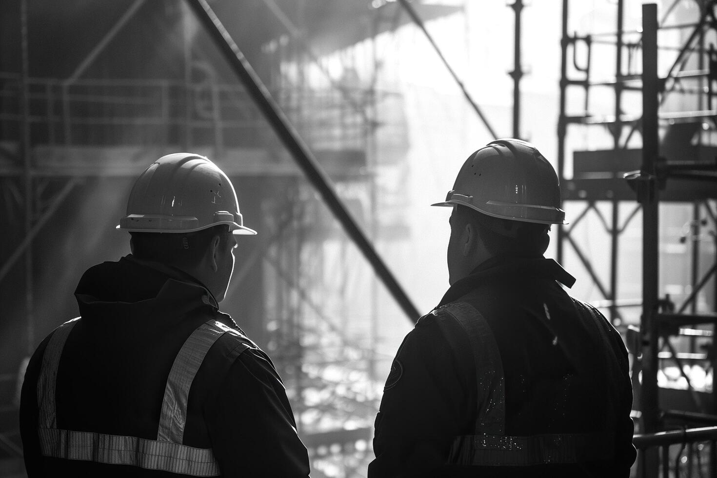 Two construction workers or foreman in overalls looks at the construction site. Rear view. Generated by artificial intelligence photo