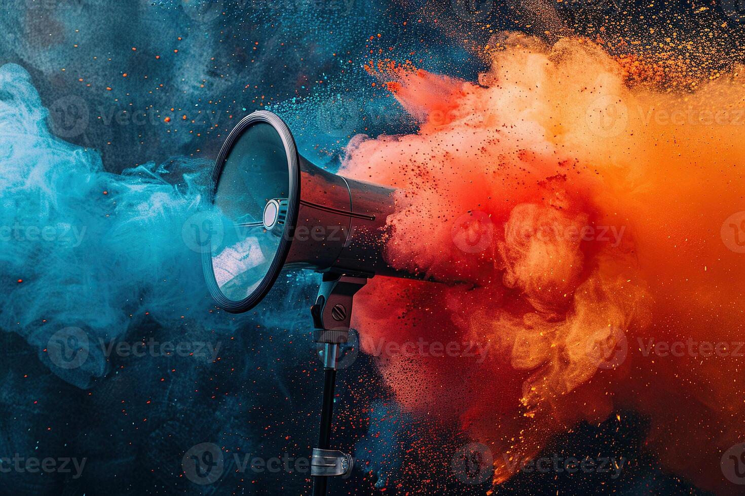 A megaphone speaker or loudspeaker megaphone releases an explosion of colored paint. Banner for advertising promotion. Generated by artificial intelligence photo