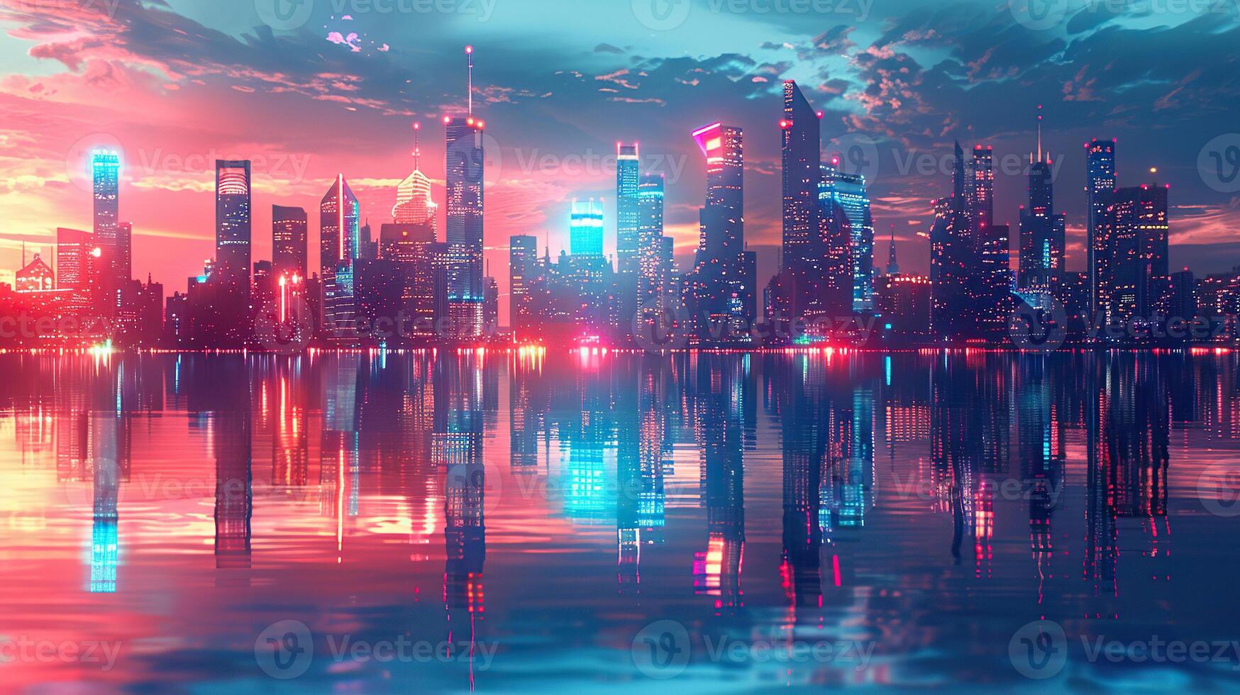 Abstract panorama of a metropolis at night with bright lights, glow and reflection in the water. photo