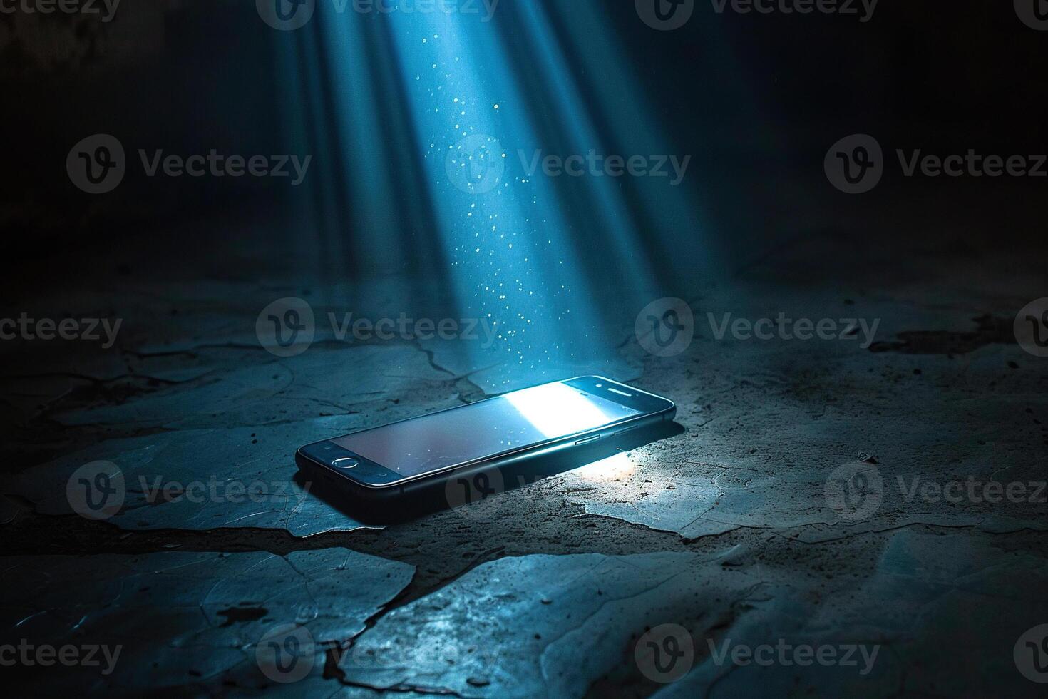 Rays of light hit the smartphone screen in the dark. Generated by artificial intelligence photo