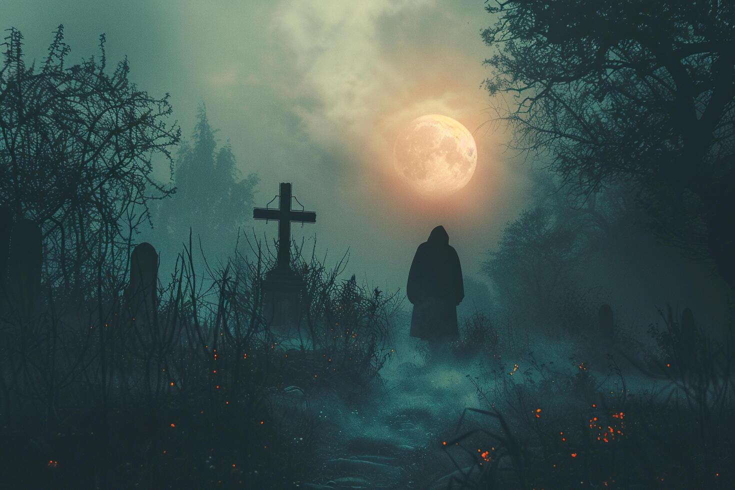 Silhouette of a man in a long cloak in a cemetery at night in the light of the full moon. Halloween concept photo