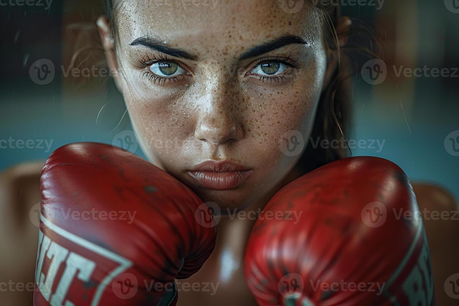 Cropped portrait of strong woman wearing red boxing gloves. Women workout, motivation, lifestyle. Generated by artificial intelligence photo