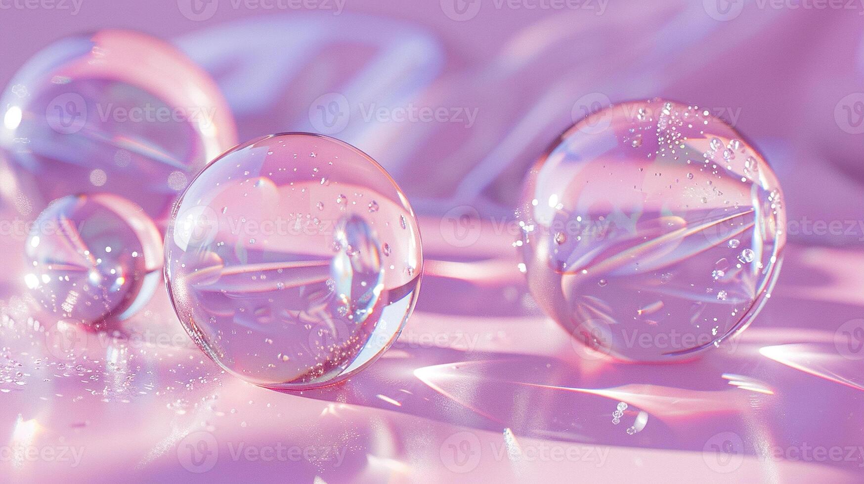 Rainbow crystal spheres or balls on purple background. Glass abstract composition of geometric shapes with holographic gradient texture. Generated by artificial intelligence photo
