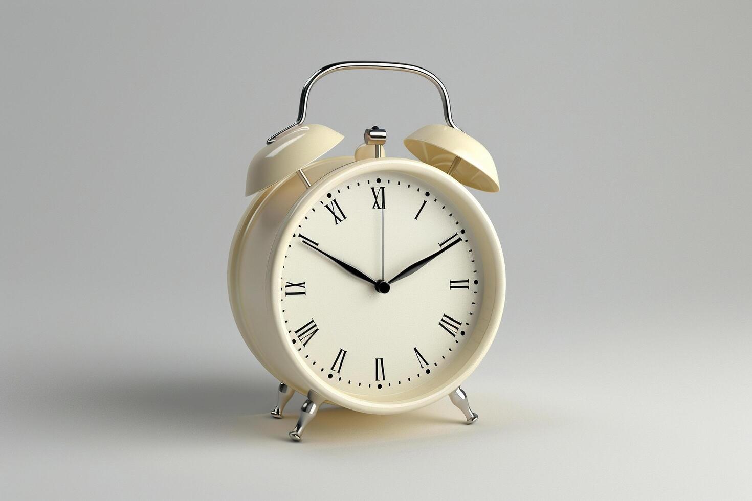 Retro style white alarm clock on white background with empty space. Generated by artificial intelligence photo