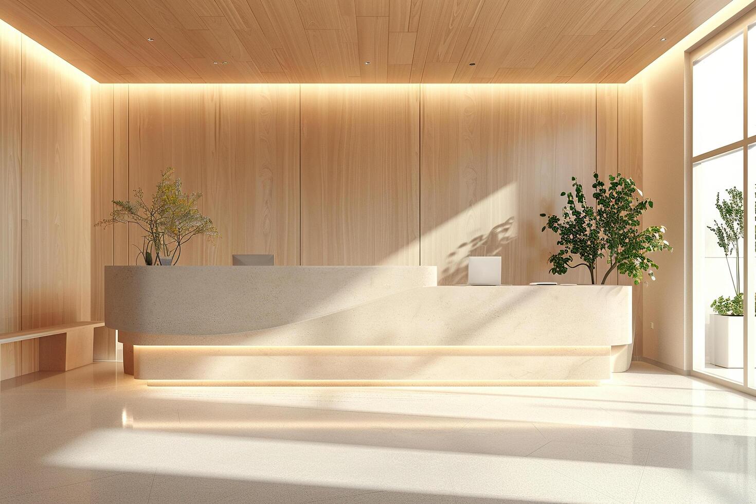 A lighted reception area in a medical clinic with wooden walls. A workstation at the counter with a computer. Generated by artificial intelligence photo