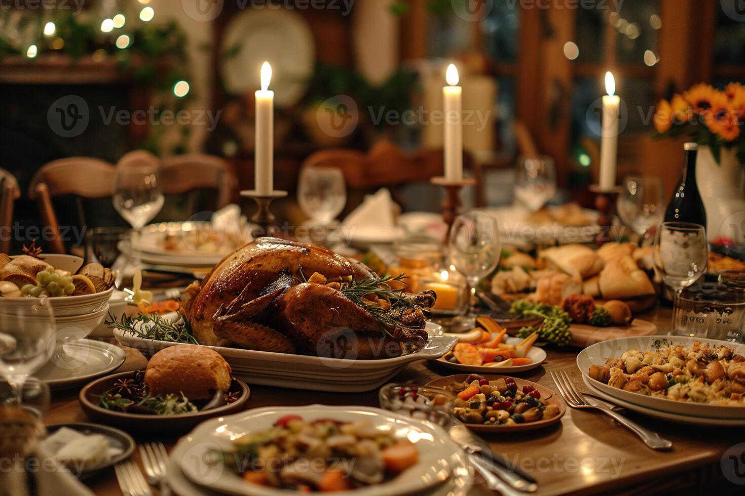 A festive table for the whole family with many dishes. Celebrating Thanksgiving Day. Generated by artificial intelligence photo