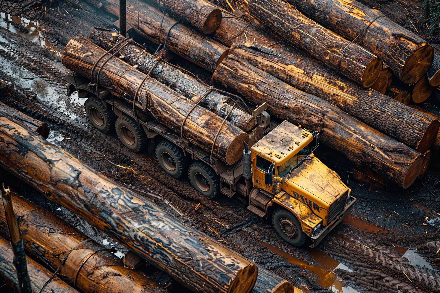 Top view of the timber industry. Logging. A huge timber truck with logs. photo