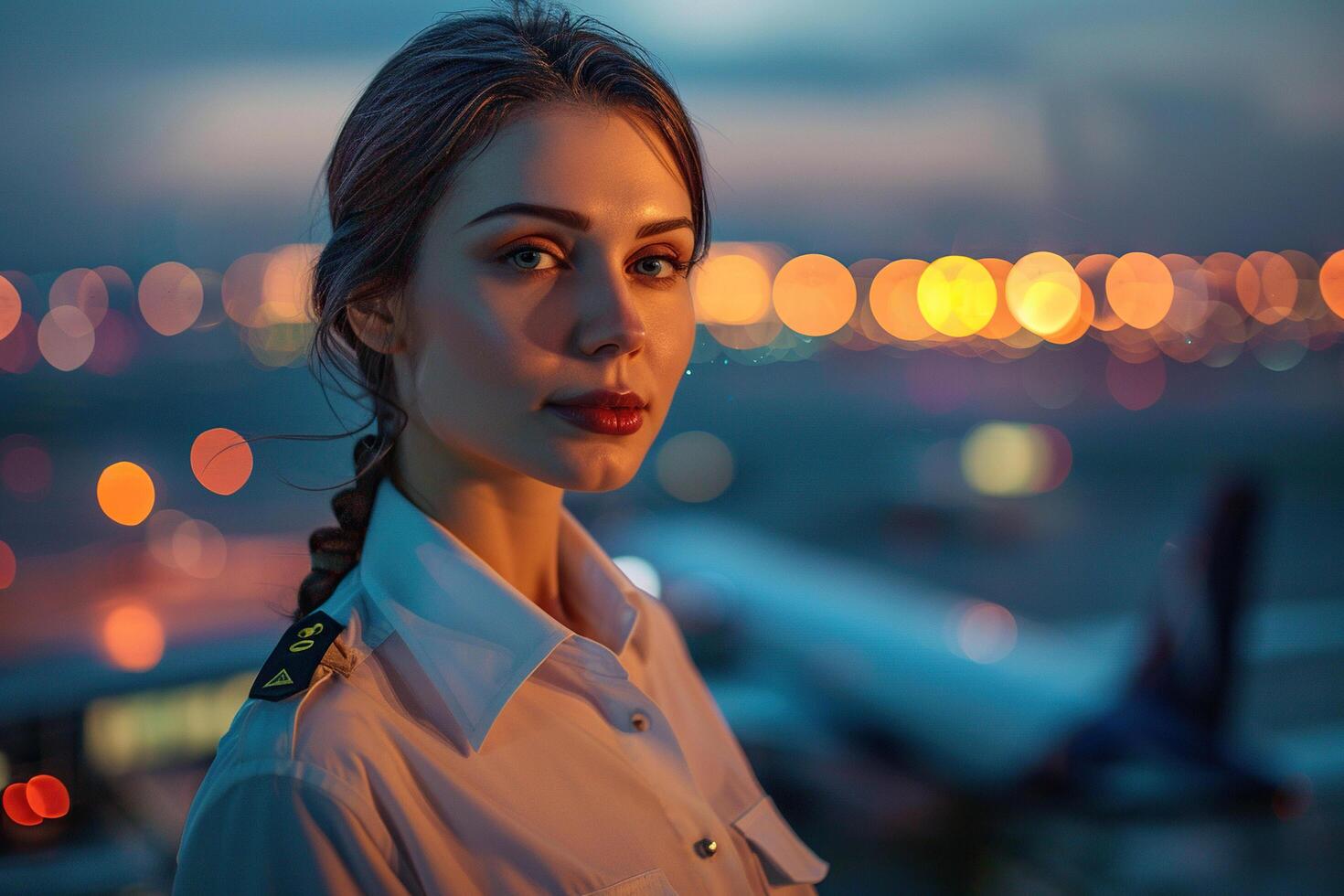 Flight attendant stands against the background of the airport. Travel, service, transport, airplane concept photo