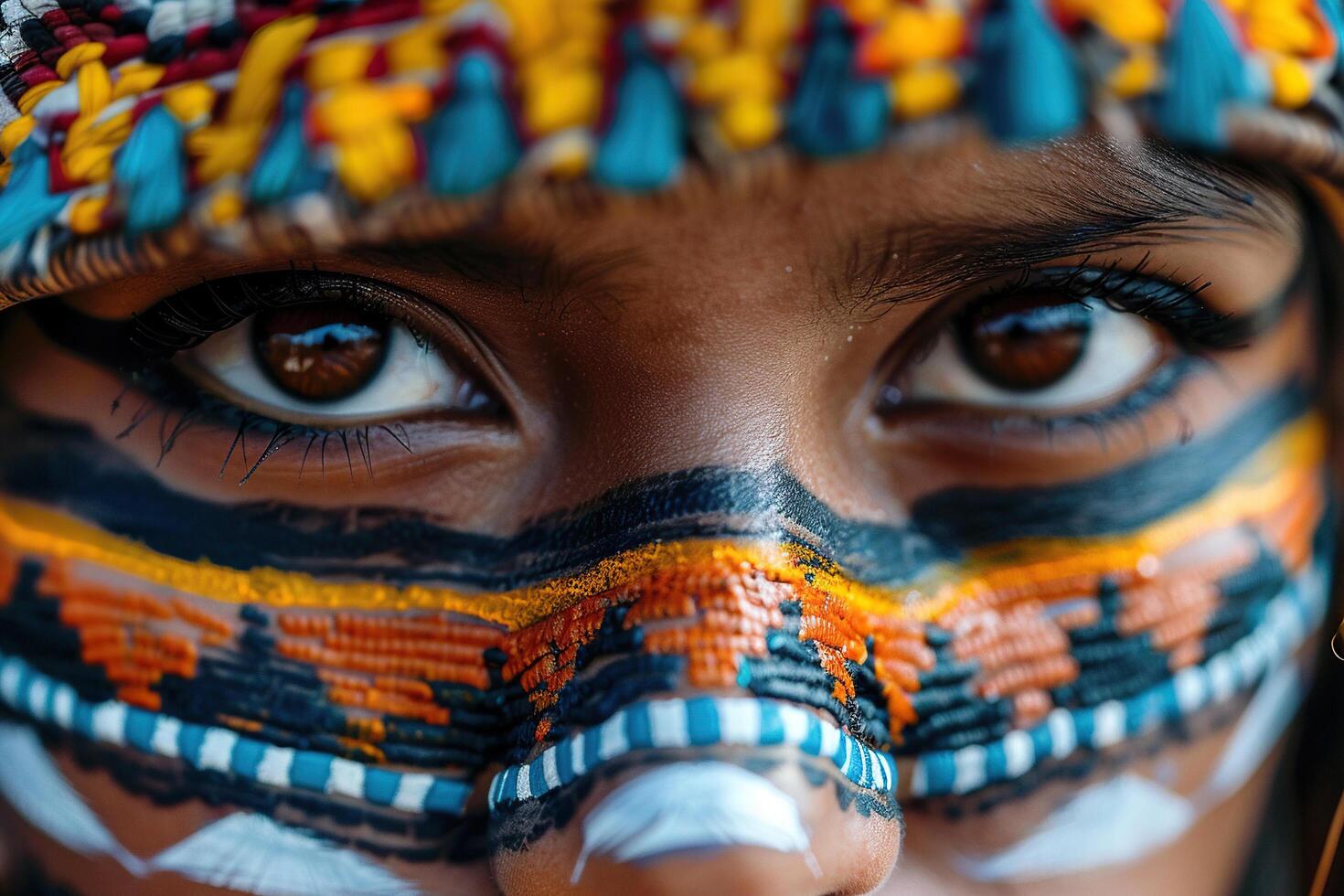Cropped portrait of a girl from an Indian settlement with feathers and traditional paint. photo