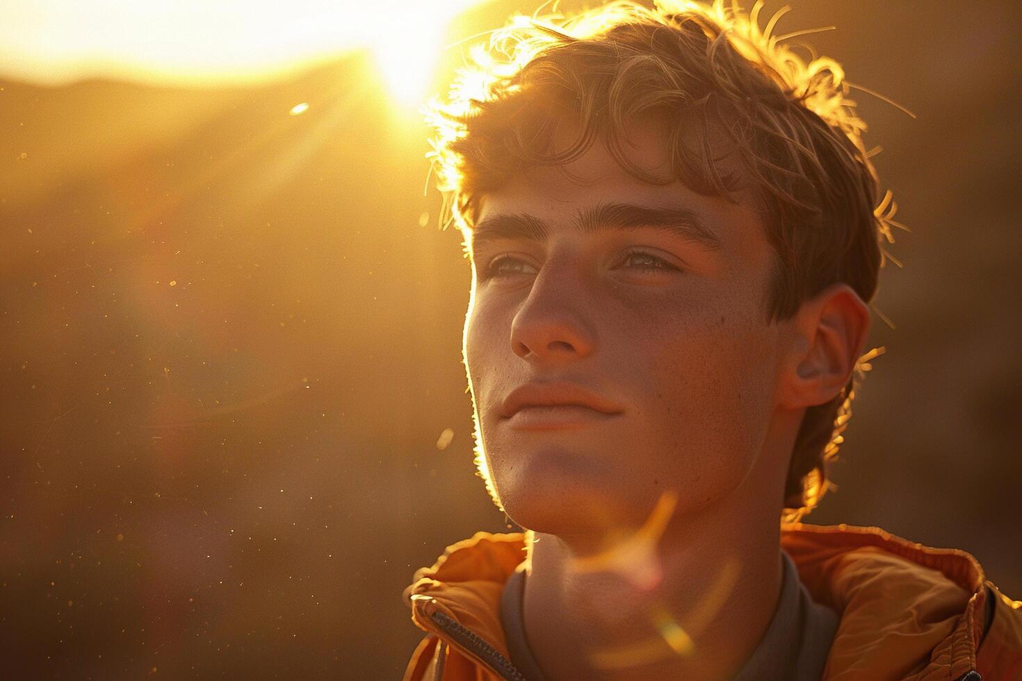 Backlit portrait of calm kind face of a young man against the backdrop of low mountains and sunlight. The concept of mental health. photo