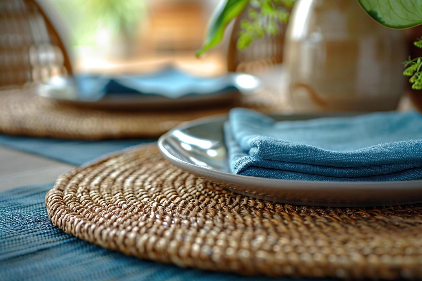 Cozy home interior. Wicker straw napkin and plate on a wooden table. Generated by artificial intelligence photo
