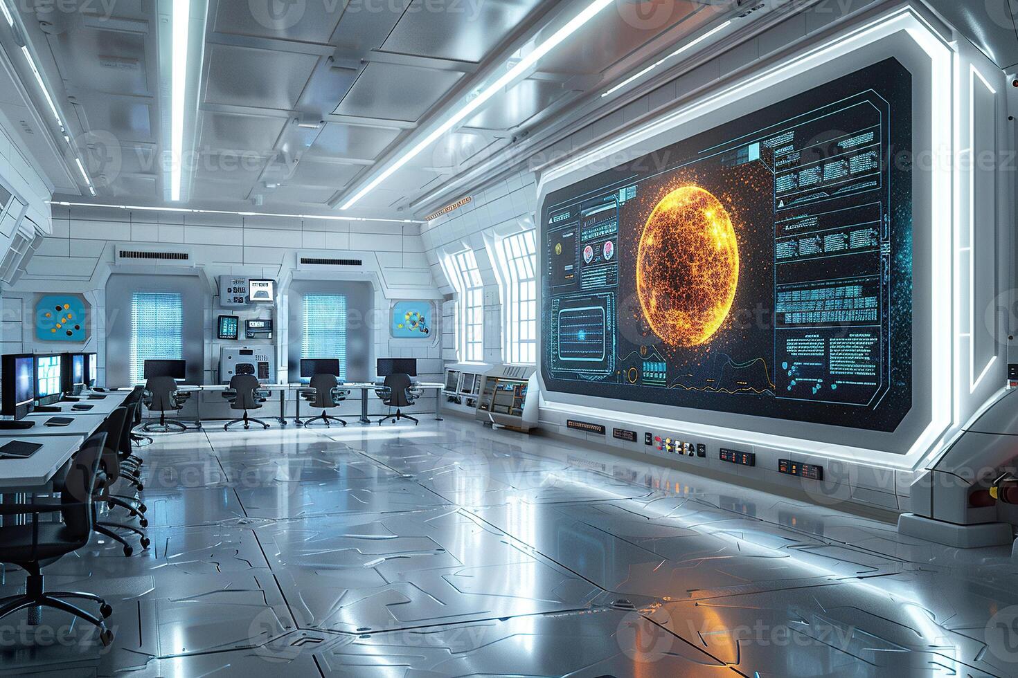 Modern classroom equipped with the latest technology and screens. photo