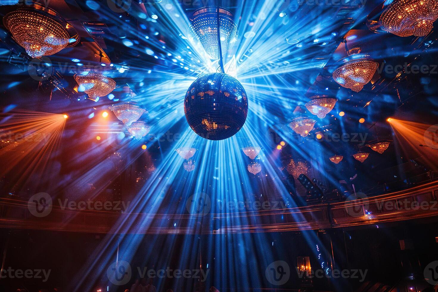Disco ball in a luxurious vintage hall empty room. Reflections of light on a disco ball photo