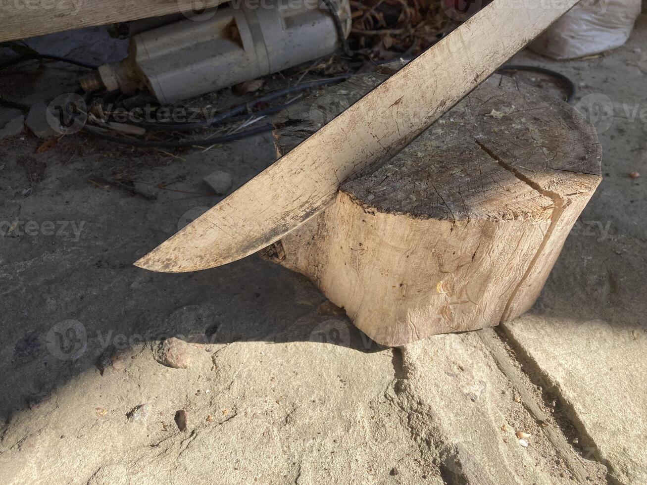 A machete stuck into a wooden stump photo