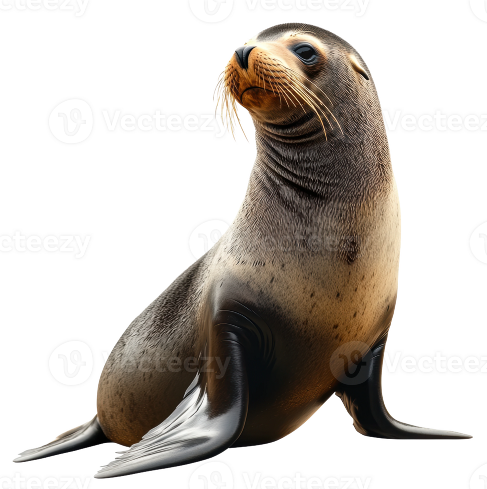 Sea lion sitting on a rocky shore at dawn, cut out - stock . png