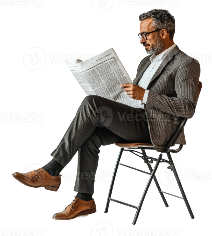 Man reading newspaper while seated on chair, cut out - stock . png