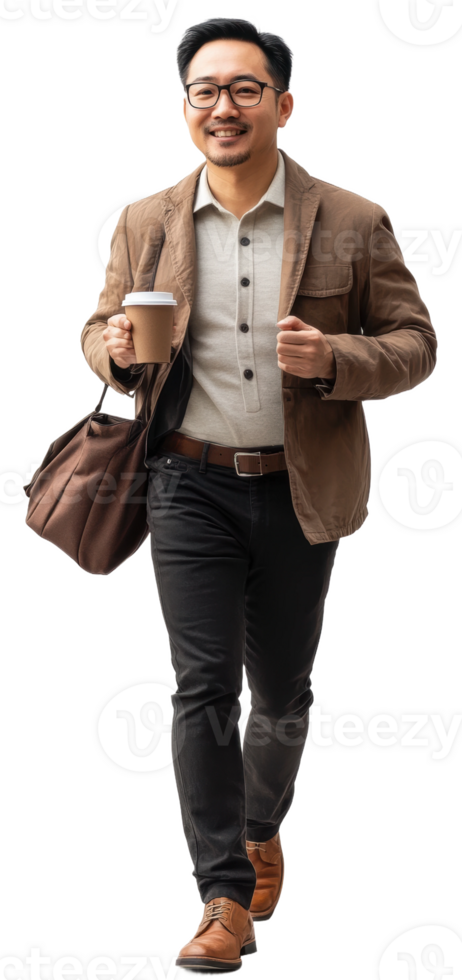 Man walking with coffee in urban setting, cut out - stock . png