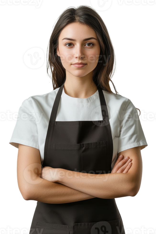 Young woman in black apron stands confidently, cut out - stock . png