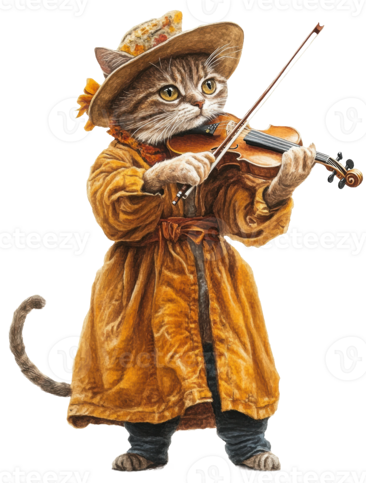 Cat in a hat playing violin in a whimsical setting, cut out - stock . png