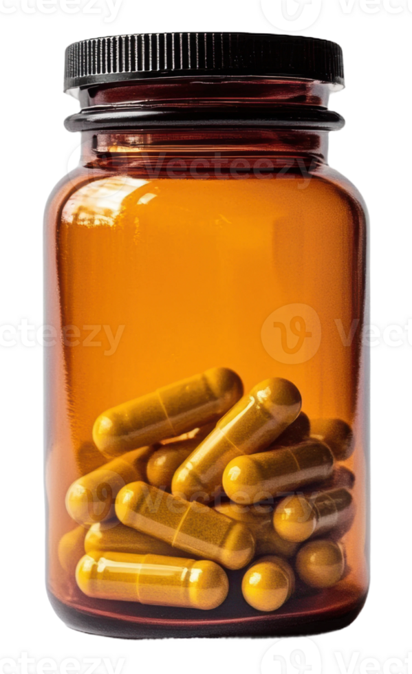 Amber bottle with yellow capsules, cut out - stock . png