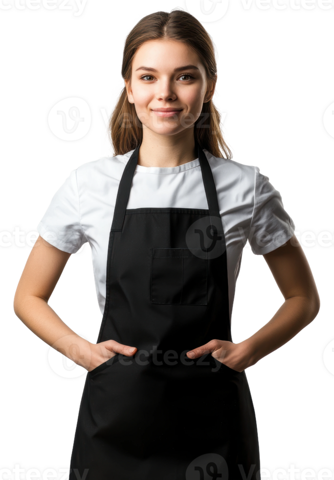 Woman in black apron, hands in pockets, cut out - stock . png