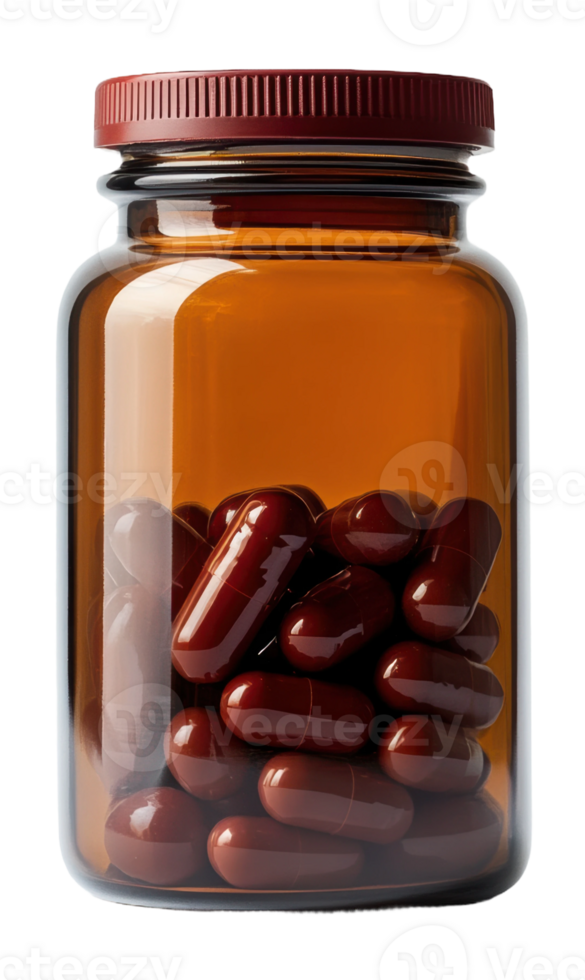Brown bottle filled with red capsules on a shelf, cut out - stock . png