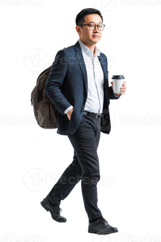 Man walking with coffee in business attire, cut out - stock . png