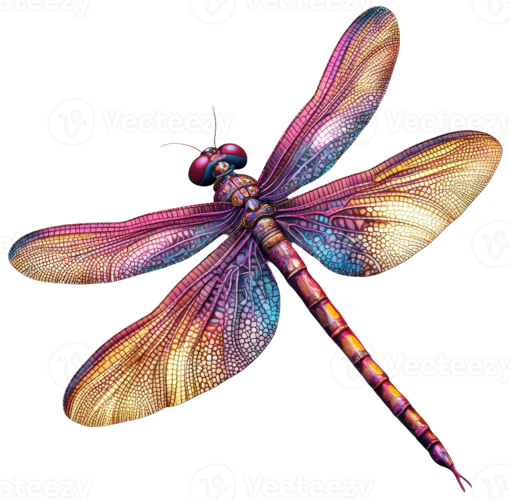 Colorful dragonfly perched on a leaf in sunlight, cut out - stock . png