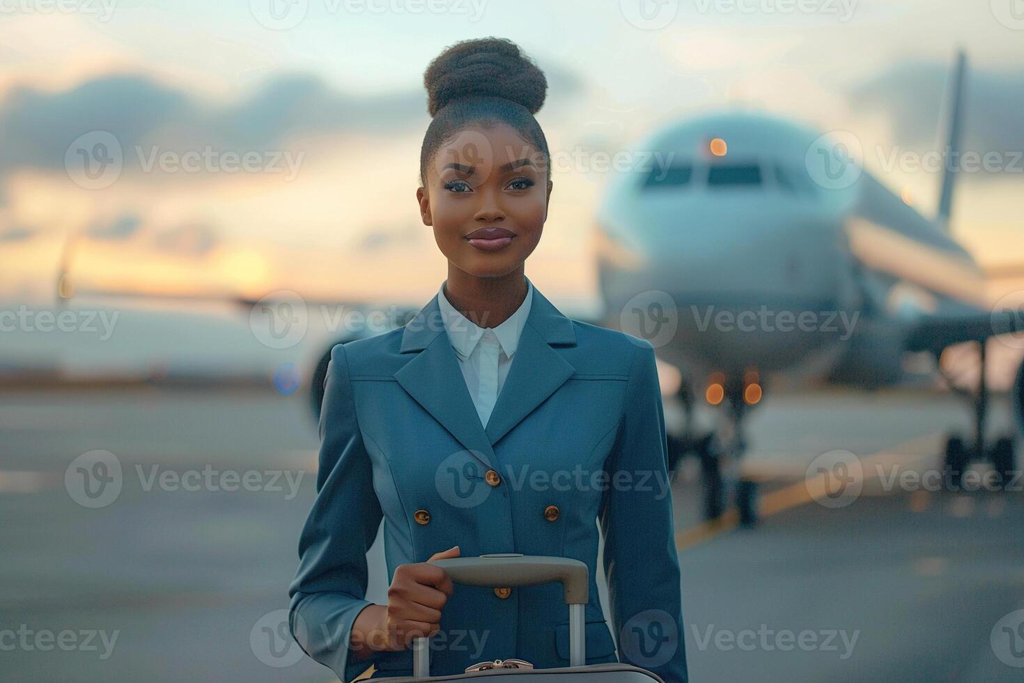 Beautiful African American flight attendant in front of a passenger plane at the airport. Travel, service, transport, airplane concept photo