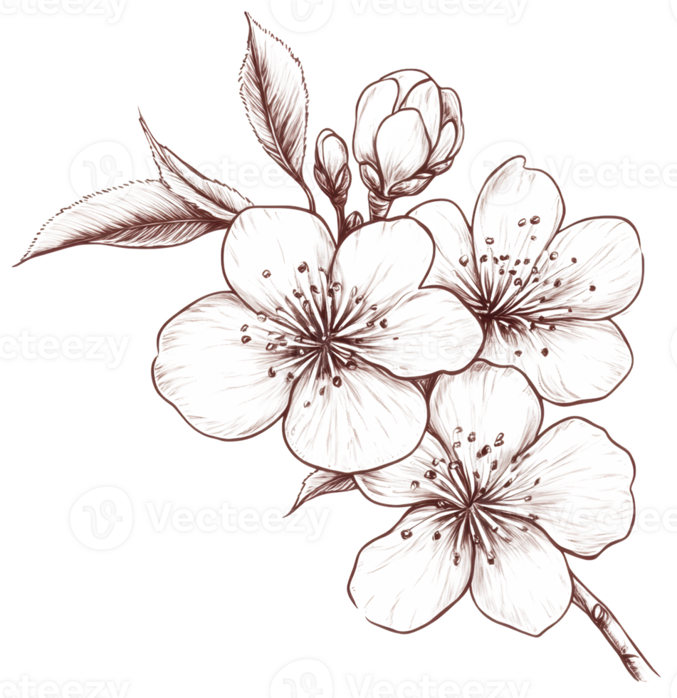 Cherry blossom illustration in delicate detail, cut out - stock . png